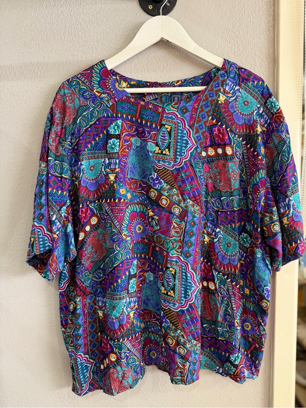 Boho Mosaic Print Women's Blouse in Teal & Purple